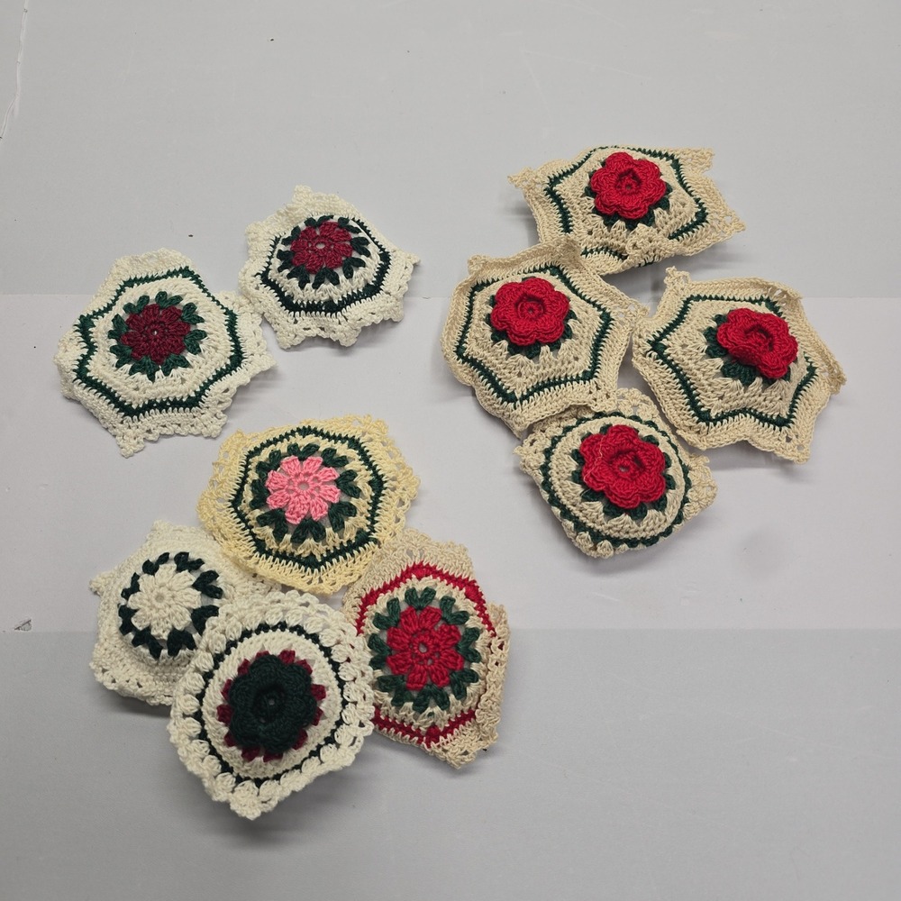 Vintage Handmade Crochet Floral Granny Square Applique Lot Red Rose Green Cream
